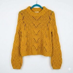 Urban Outfitters Mustard Yellow Chunky Knit Sweater Bubble Sleeve Pointelle Sm